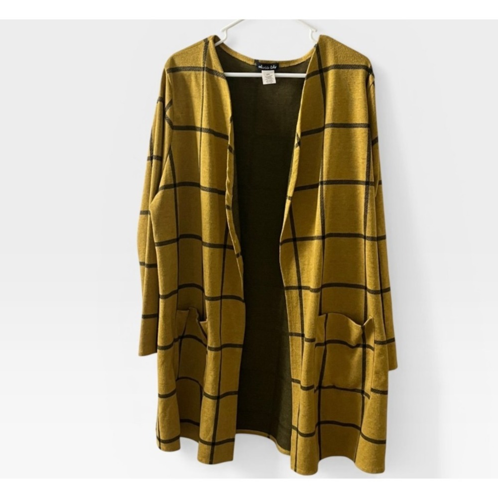 Olivia Blu Womens 2X Mustard Yellow Black Windowpane Plaid Open Front Cardigan